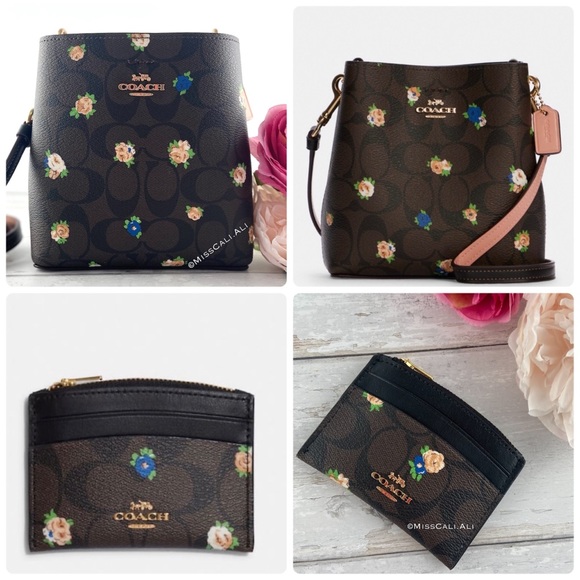 NWT COACH Mini Town Bucket Bag Signature Canvas Vintage Rose & Zipper Card Case - Picture 13 of 16